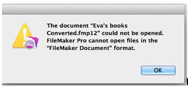 The document “Eva’s books Converted.fmp12” could not be opened